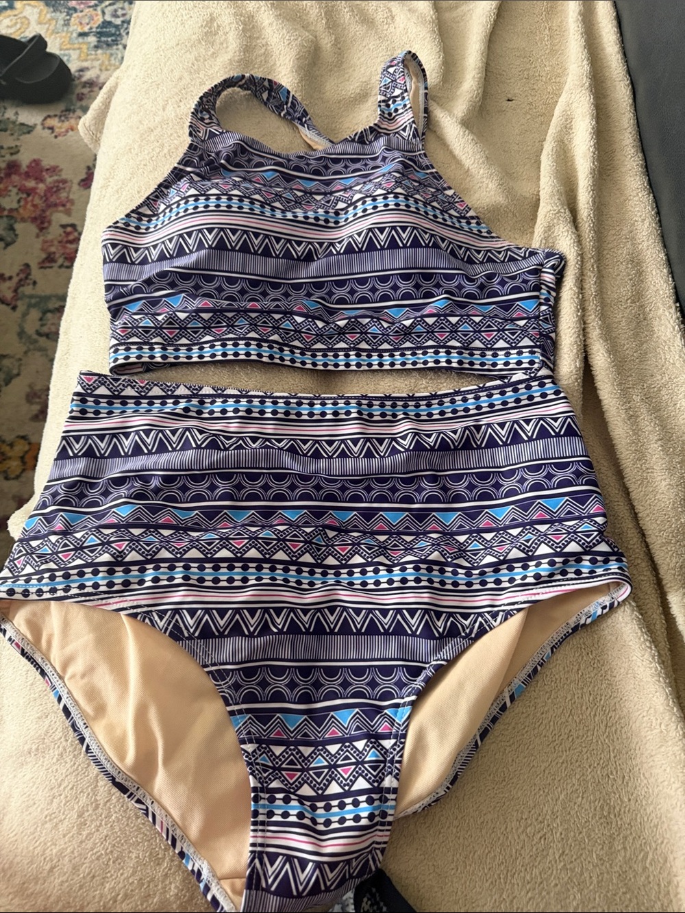 Source Unknown Blue and Pink Patterned Two-Piece High-Waist Swimsuit